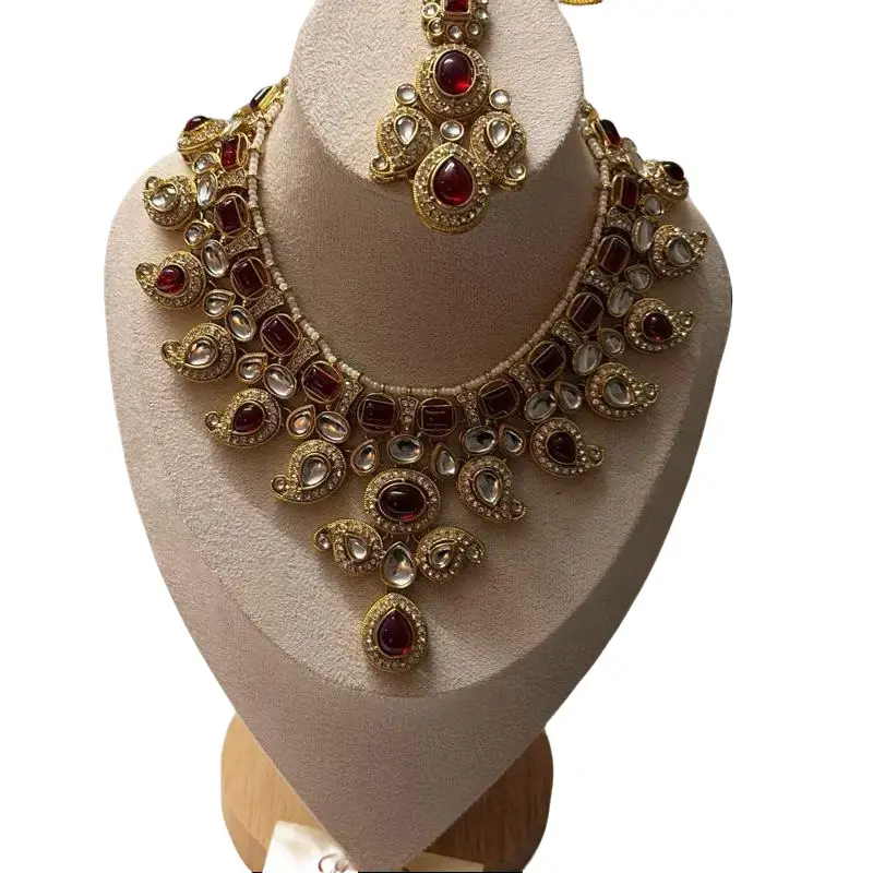 Women's Indian Jewelry Set - Elegant 3-Piece Metal Coated Necklace, Earrings, and Tika for Weddings, Parties, and Eid, Jewelry Sets, Necklaces Earrings Set