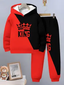 Boys Spring & Fall Sports Set, Colorblock King Crown Hoodie and Pants Two-Piece, Trendy Casual Kids Clothing, Youth Kits