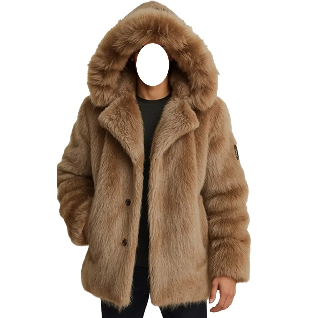 Men's Premium Plush Tan Brown Fur Coat with Oversized Hood