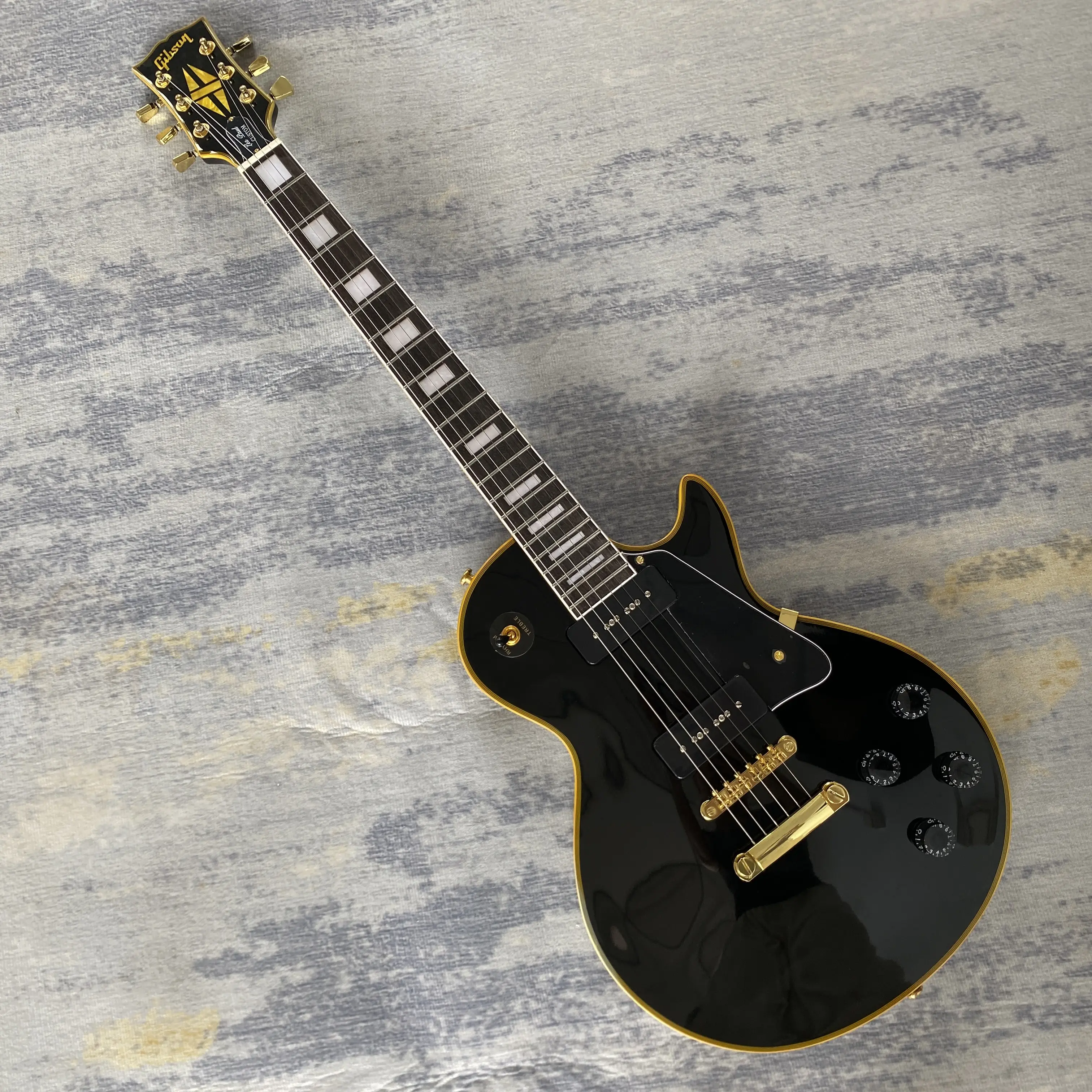 Classic Black Solid Body LP Custom Guitar with Yellow Binding, Gold Hardware, P90 Pickups