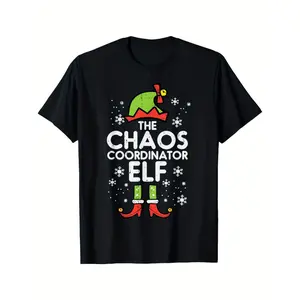 Funny Christmas Elf Family Matching T-Shirts - Chaos Coordinator Elf Legs & Shoes Graphic, Black with Red/Green Lettering, Adult Group Outfits, Plus Size (Men's & Women's) Comfortable Cotton Holiday Party Tees for Xmas 2025-2026 Season -