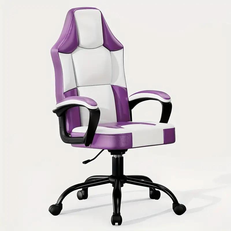 Ergonomic Computer Gaming Chair, Home Office Desk with PU Leather Lumbar Support, Height Adjustable Big and Tall Video Game, Swivel Wheels for Adults, White and Purple