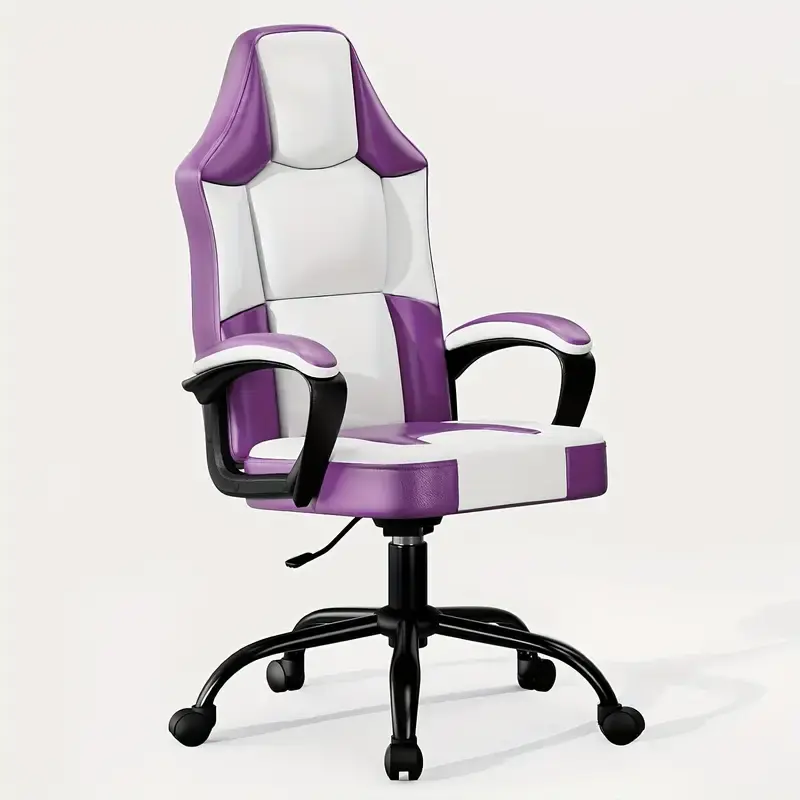 Ergonomic Computer Gaming Chair, Home Office Desk with PU Leather Lumbar Support, Height Adjustable Big and Tall Video Game, Swivel Wheels for Adults, White and Purple