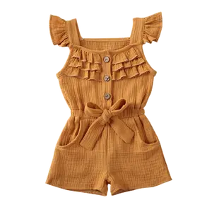 LAGKIYOJ Toddlers Baby Girls Flying Sleeve Jumpsuit Romper, Sleeveless Button Down Solid Color Elastic Jumpsuit