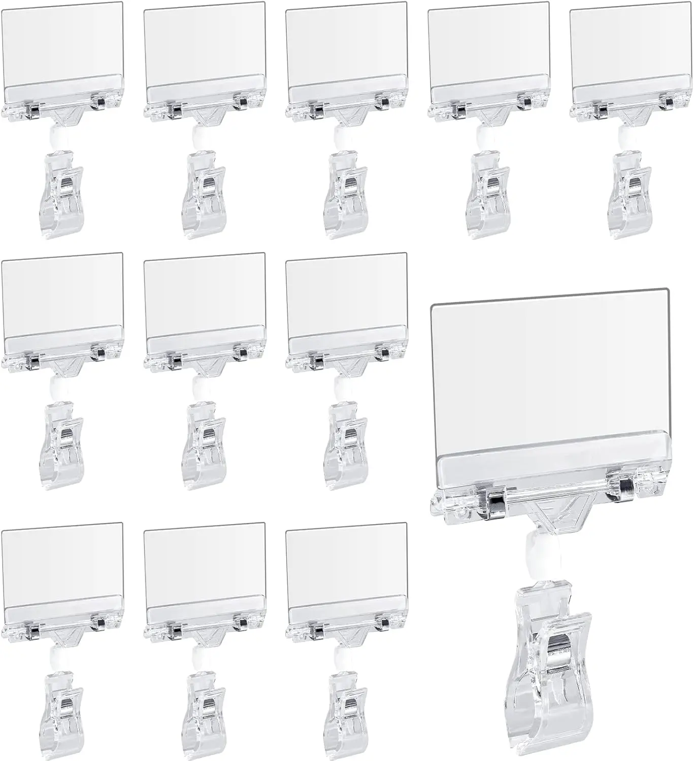 12 Pcs Rotating Clip Swivel Sign Holder, Clear Rotatable Sign Holder with Double Clip Design, PVC Card Protector for Shelves, Store, Business, Exhibition