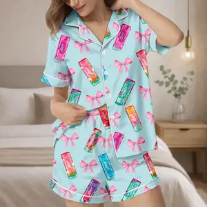 Pajamas Set, Energy Pink Sleep Wear, Satin Pajamas For Women, Lover Gift For Her
