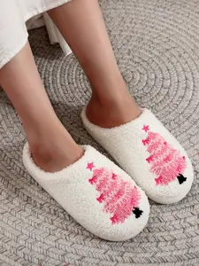 Women's Soft Plush Christmas Slippers, Tree Bow Embroidery, Stitched Slippers, Warm Non-Slip Indoor Outdoor Shoes, Fall Winter Holiday Gift