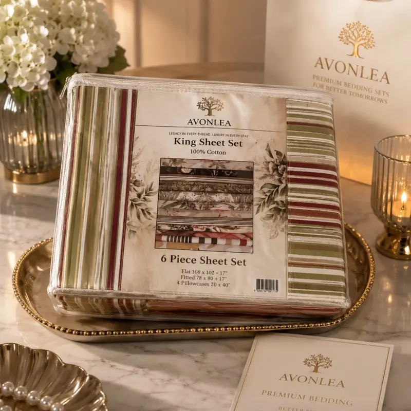 Avonlea King 6-Piece 100% Cotton Sheet Set - Legacy Flat Weave, Breathable Cooling Bedding for Bedroom All Seasons, Soft Durable Striped Design, 100x100x43in Flat, 78x80x13in Fitted, 2x20x40in Pillowcases, Stripped
