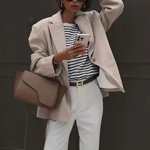 Lady's Khaki Solid Tweed Business Chic Blazer - Polyester, Loose-Fit Long-Sleeve Single-Breasted Jacket with Button Details, Beige Fitted All-Season Office & Casual Outerwear, S-XL