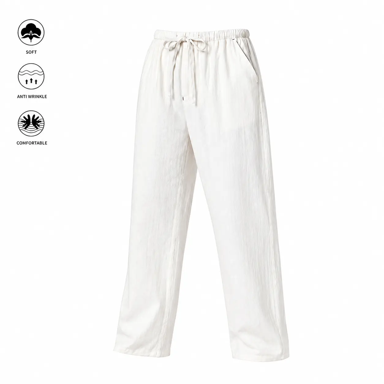 FlannelGo Men's Casual Plain Cotton Linen Menswear Trousers - Breathable, Loose-Fit, Casual Comfy Pocket, Elastic Drawstring Pants for Summer Beach Vacation, Outdoors, Casual Solid Drawstring