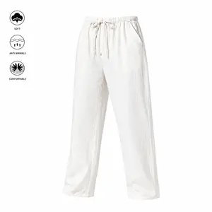 FlannelGo Men's Casual Plain Cotton Linen Pants, Breathable Loose Fit with Elastic Drawstring for Summer Beach Vacation & Outdoors