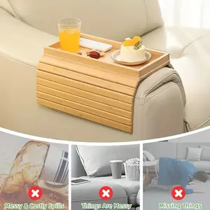 Foldable Bamboo Sofa Armrest Tray with Cup Holder, Stable Base, Non-Slip Design, Perfect for Snacks, Drinks, Remote Control, Home Decor, Multifunctional Console Table