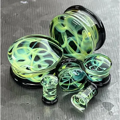PAIR of Green Swirling Smoke Style Pyrex Glass Double Flare Plugs - Gauges 2g (6mm) through 1" (25mm)