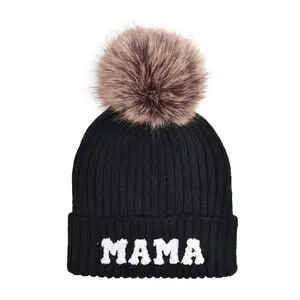 MAMA Knit Beanie with Faux Fur Pom Pom Black Winter Mom Hat for Women Ultra-Warm Cozy Adjustable Cuffed Trendy Gift One-Size Fits Most