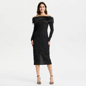 Women's Long Sleeve Faux Fur Off the Shoulder Midi Dress - A New Day