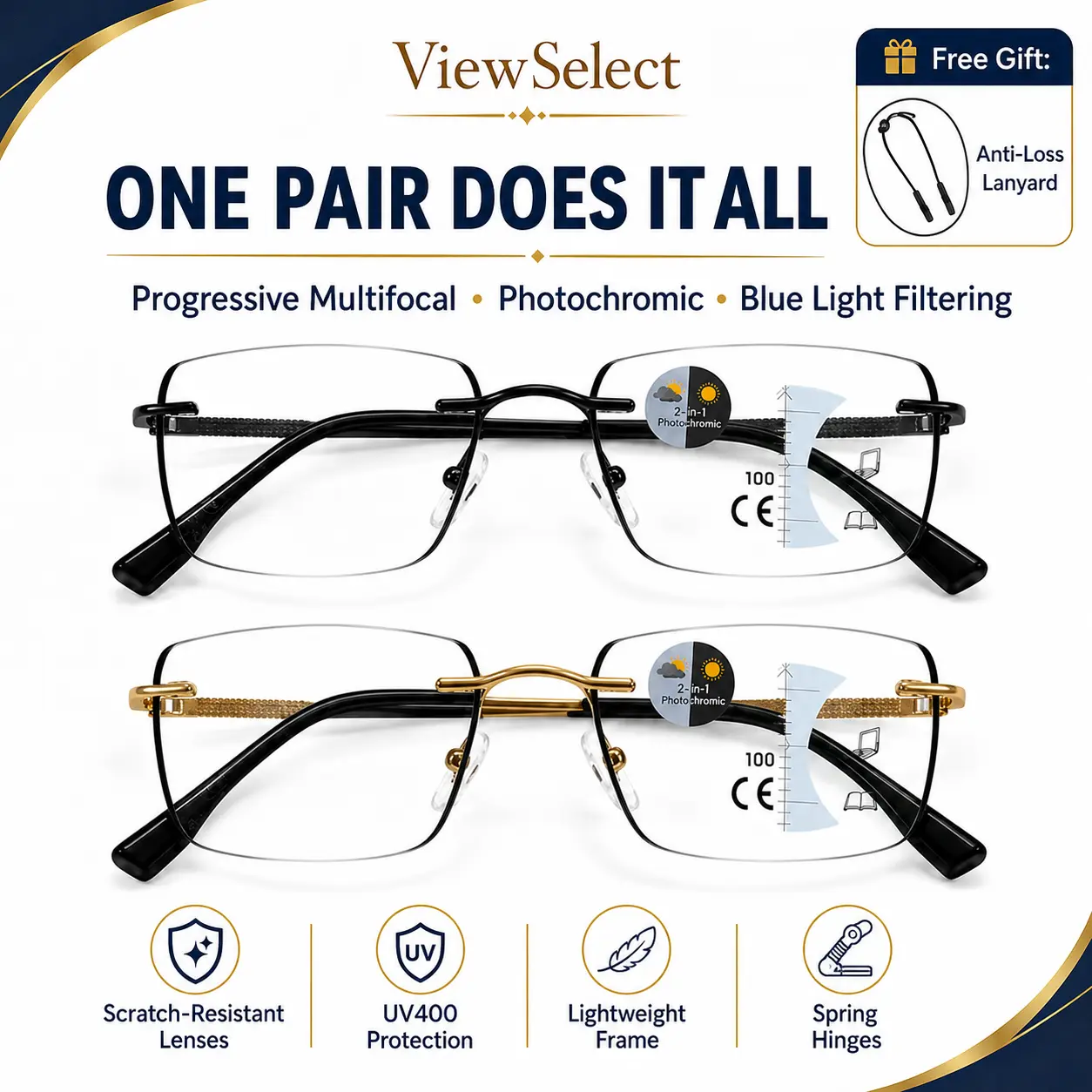 ViewSelect Non-Prescription Progressive Multifocal Photochromic Reading Glasses for Women & Men - Blue Light Blocking, UV Protection, Light-Adaptive Eyewear for Near, Mid, Far Vision