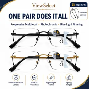 ViewSelect Non-Prescription Progressive Multifocal Photochromic Reading Glasses for Women & Men - Blue Light Blocking, UV Protection, Light-Adaptive Eyewear for Near, Mid, Far Vision