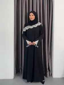 New Muslim Women's Abaya Two-Piece Set, Long Dress + Headscarf, Elegant Contrast Lace, Loose-Fit, All Seasons, Casual Occasion