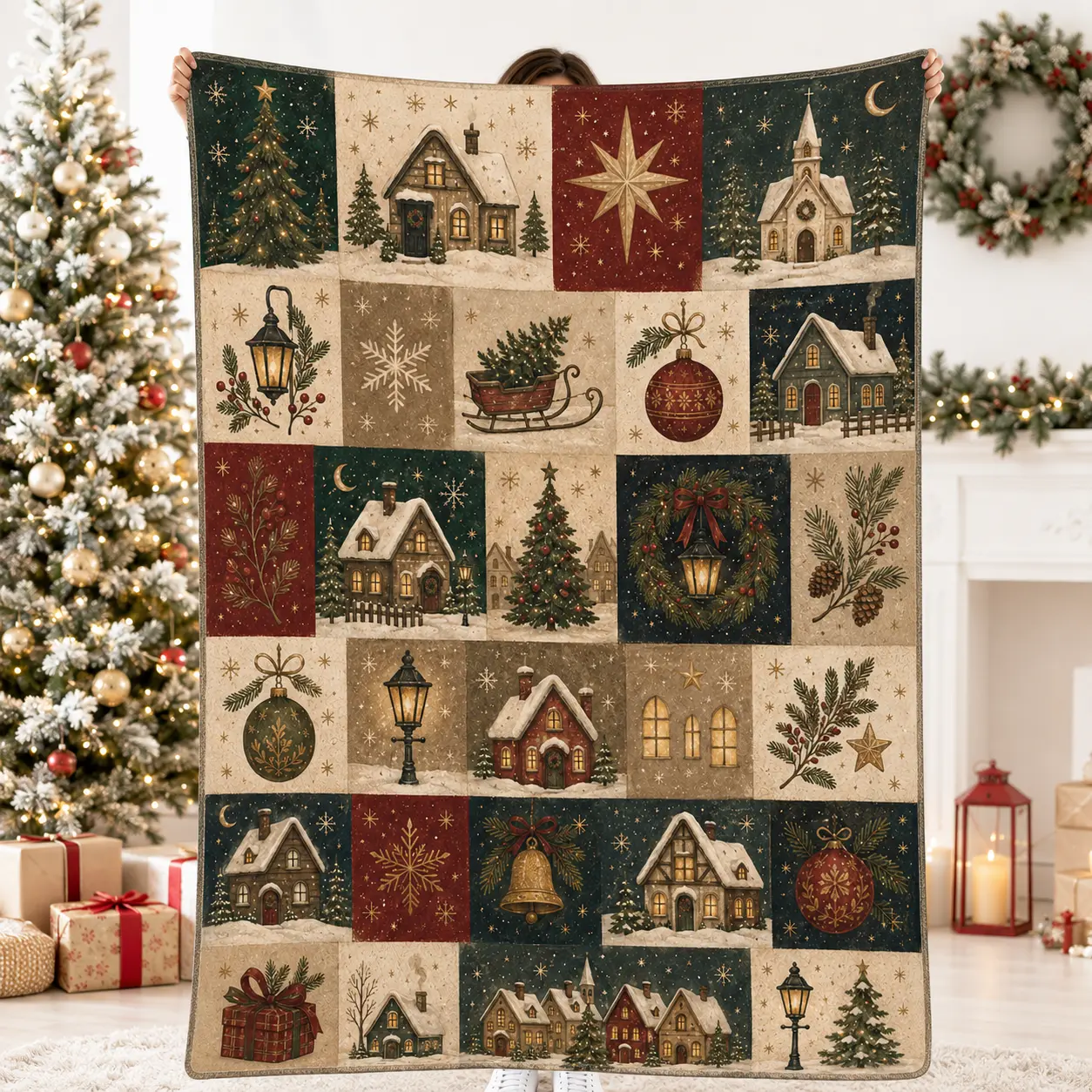 Vintage Christmas Village Patchwork Throw Blanket, Soft Flannel One-Piece Printed Grid with Snowy Cottage, Church, Lantern and Sleigh Art for Bedroom and Winter Lounge Decor, Cozy Bed Throw for Movie Night, Christmas Gift for Families