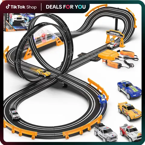 Slot Car Race Track Sets with 4 Slot Cars Electric Race Car Track Include Slope Circular Overpass Track Dual Racing Game Featuring Flash Bridge and Pendulum Gifts Toys for Boys Kids  Fathersdaygift Speed Checkpoint Outdoorfun Fun