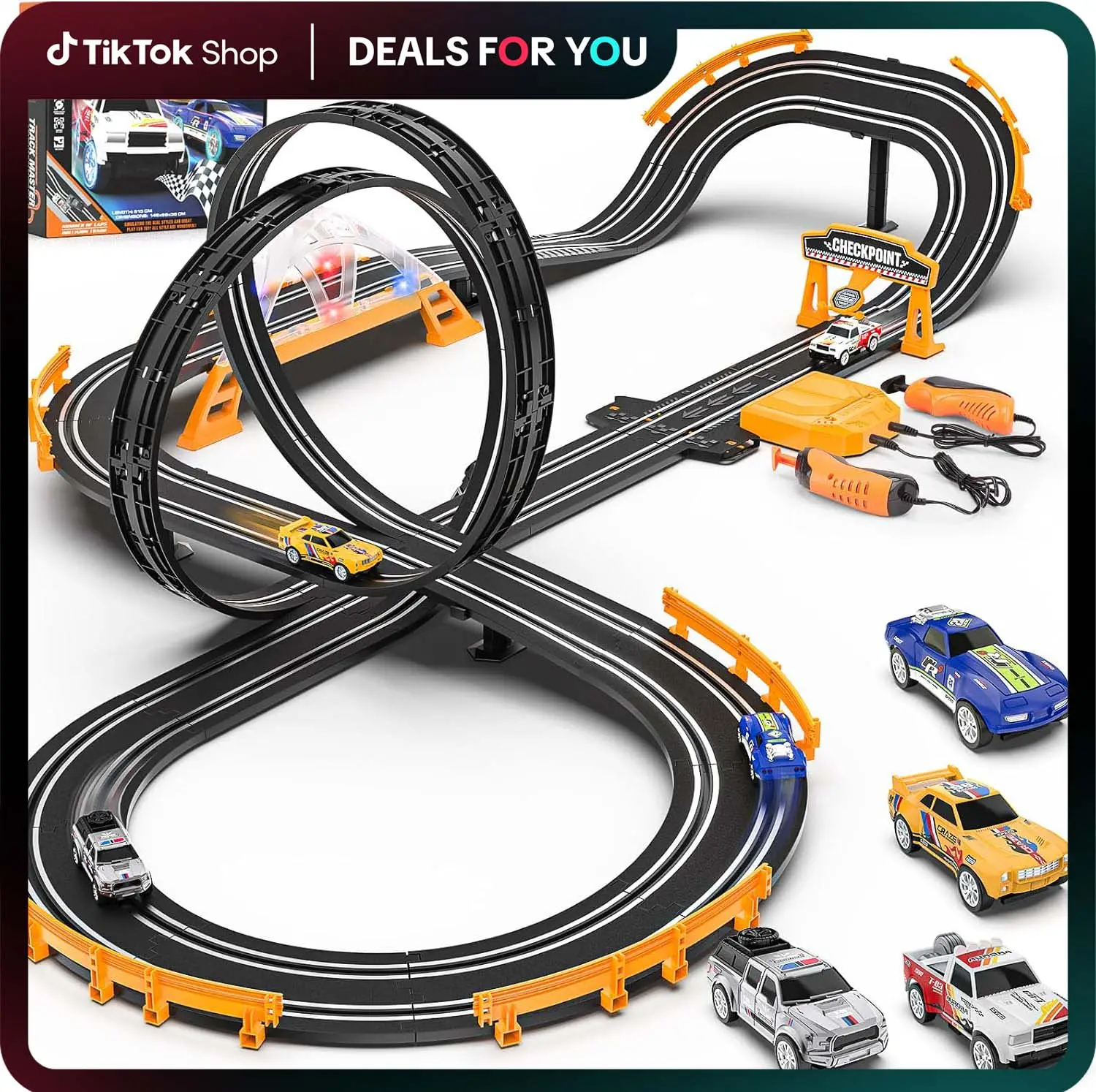 Slot Car Race Track Sets with 4 Slot Cars, Electric Race Car Track Include Slope Circular Overpass Track, Dual Racing Game Featuring Flash Bridge and