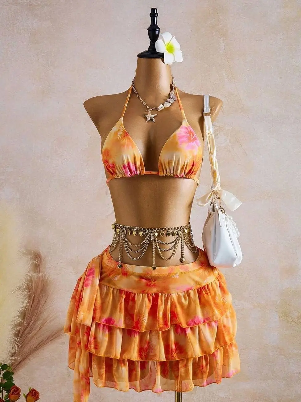 Bellisia Sunset Orange & Pink Floral 3-Piece Bikini Set | Halter Triangle Top & 3-Tier Layered Ruffle Mesh Skirt Cover-Up | Tropical Y2K Swimsuit