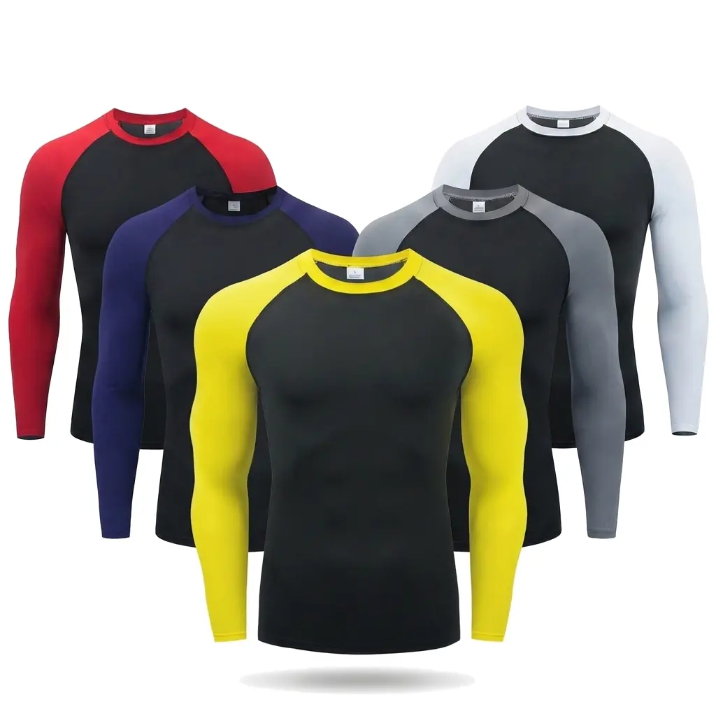 Male Long Sleeve Compression Shirts, 5 Pack (Black, White, Gray, Red, Blue) Quick Dry Base Layer, Athletic Workout Wear Tops for Gym & Running