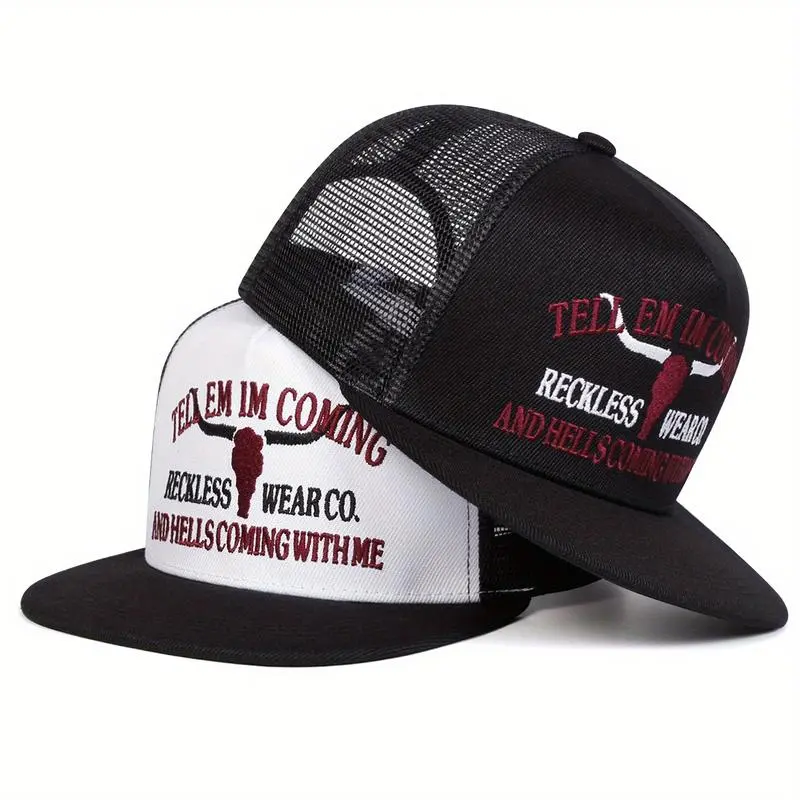 Western Bull Head Embroidered Hat, Unisex Mesh Trucker Cap, Letter Design Snapback Hat, Summer Outdoor Gift