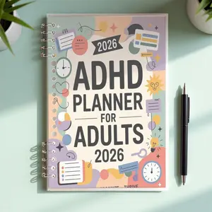 2026 ADHD Planner for Adults, A5 Size, Lined, Colorful Whimsical Cover with Pastel & Bold Shapes, Icons like Clocks/Notebooks/Light Bulbs, Organize & Thrive, Perfect for Daily Planning, High - Quality Paper, Non - Customizable