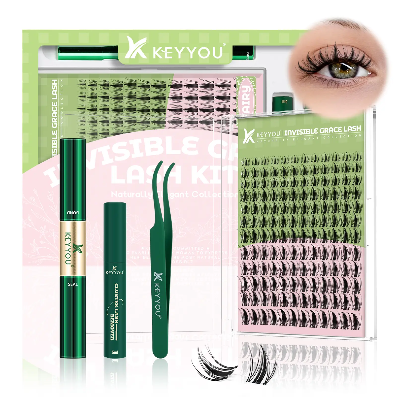KEYYOU Fairy Lash Clusters Kit Invisible Band DIY Lashes Wet Look Waterproof Eyelash Extension Kit Wispy Manga kawaii doll Lashes