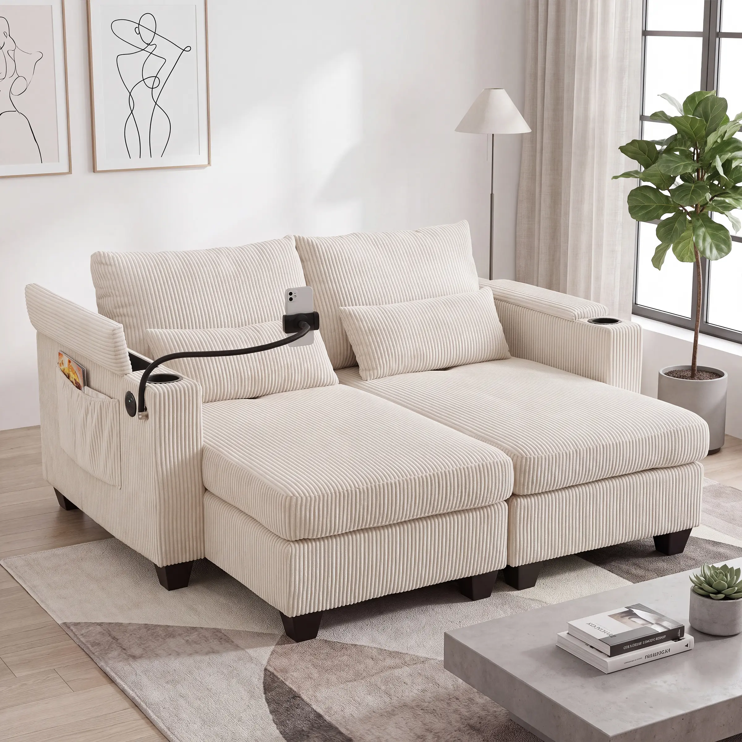 CHAIRUS 63-Inch Convertible Corduroy Loveseat Sofa Bed with Arms, USB Ports, 2 Cup Holders, Phone Holder, Hidden Storage, Multi-Functional Brown Couch for Living Room, Bedroom Decor