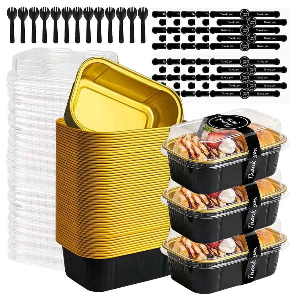 50 Pack Black Disposable Aluminum Foil Mini Loaf Pans With Lids & Spoons, 5.5 Oz Rectangle Individual Cake Tins, Portable Small Baking Containers For Dessert, Brownie, Meal Prep - Home Improvement.