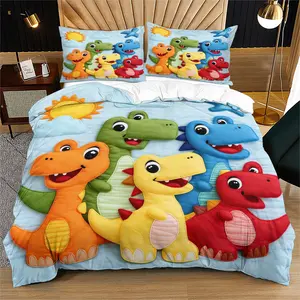 Cartoon Embroidered Dinosaur Print Bedding Set, Duvet Cover, Soft Bedding, 2/3 Piece Kids Bedroom Decor, Includes 1 Fitted Sheet and 1 or 2 Pillowcases