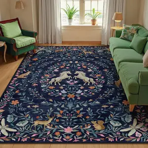 Retro Dark Floral Unicorn Print Carpet, Animal Print Rug, Luxurious Plush Rug for Living Room & Bedroom, Non-Slip Easy to Clean Home Decor