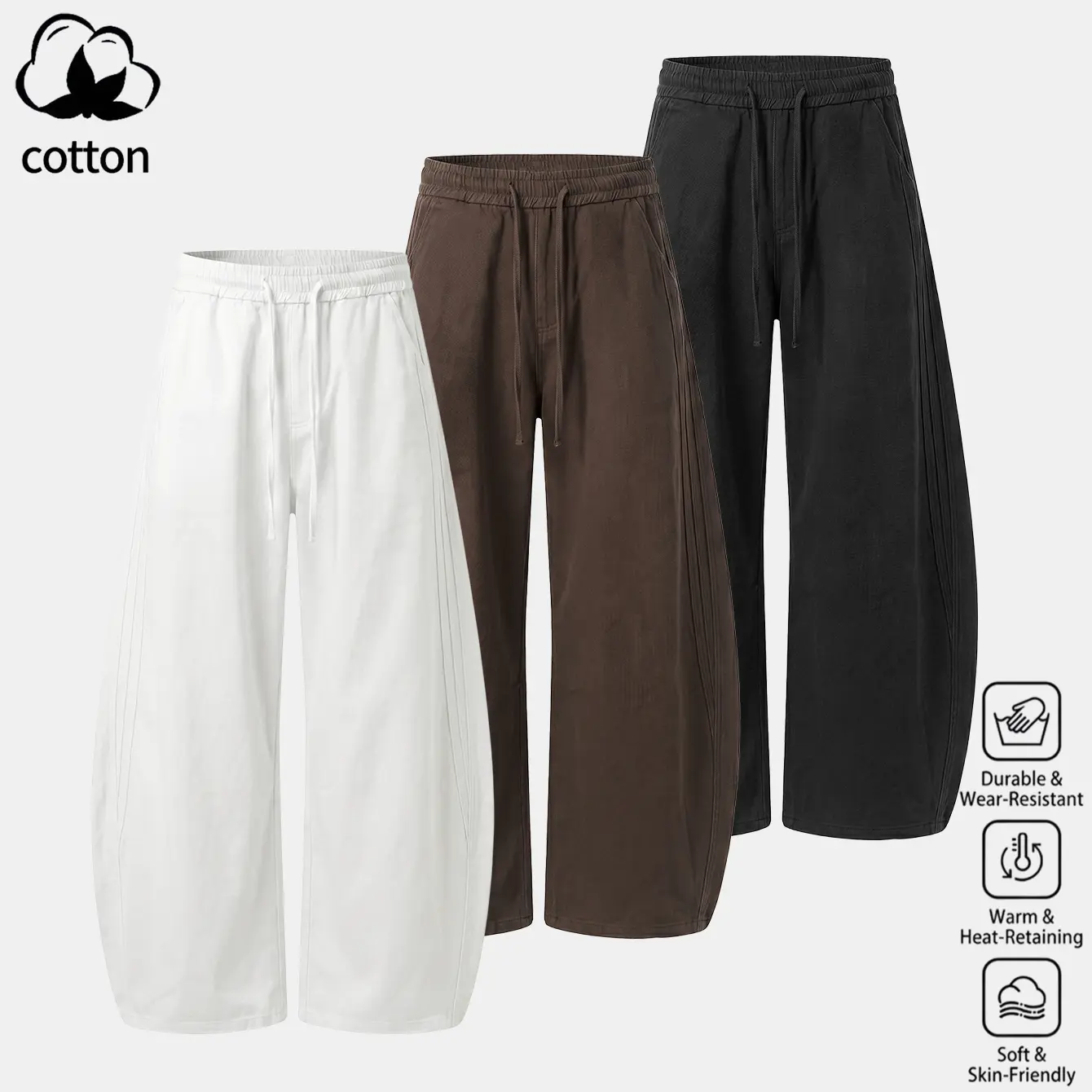 Men's 3-Seam Curved Wide Leg Pants in Soft Carbon Washed Twill, Baggy Streetwear Fit with Elastic Drawstring Waist and Side Pockets, Menswear, Fabric, Oversize, Casual, Loose, Plain, Clothes, Loose-Fit, Solid
