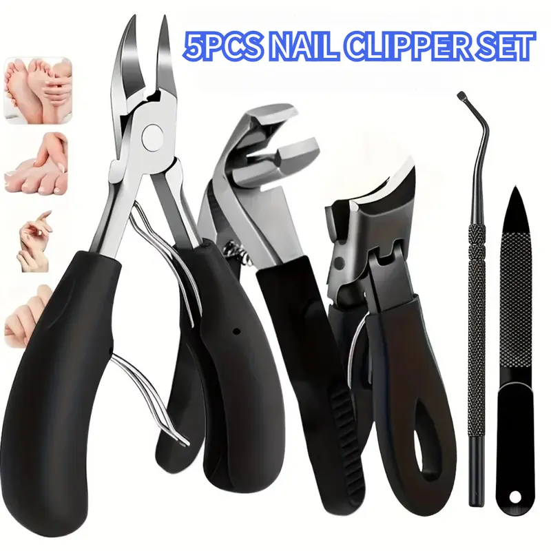 5pcs Professional Heavy-Duty Toenail Clipper Set for Ingrown & Thick Toenails, Stainless Steel Concave Blade, Modern Style With Pedicure Care Tool Cutics Foot Care Product, Manicure, Nail Care