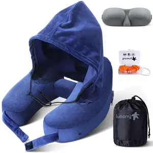 Sunany Inflatable Travel Neck Pillow with Hood - Ergonomic Airplane Pillow for Long Flights, Road Trips - Comfortable Support for Office Naps, Grey,DealsForYouDays