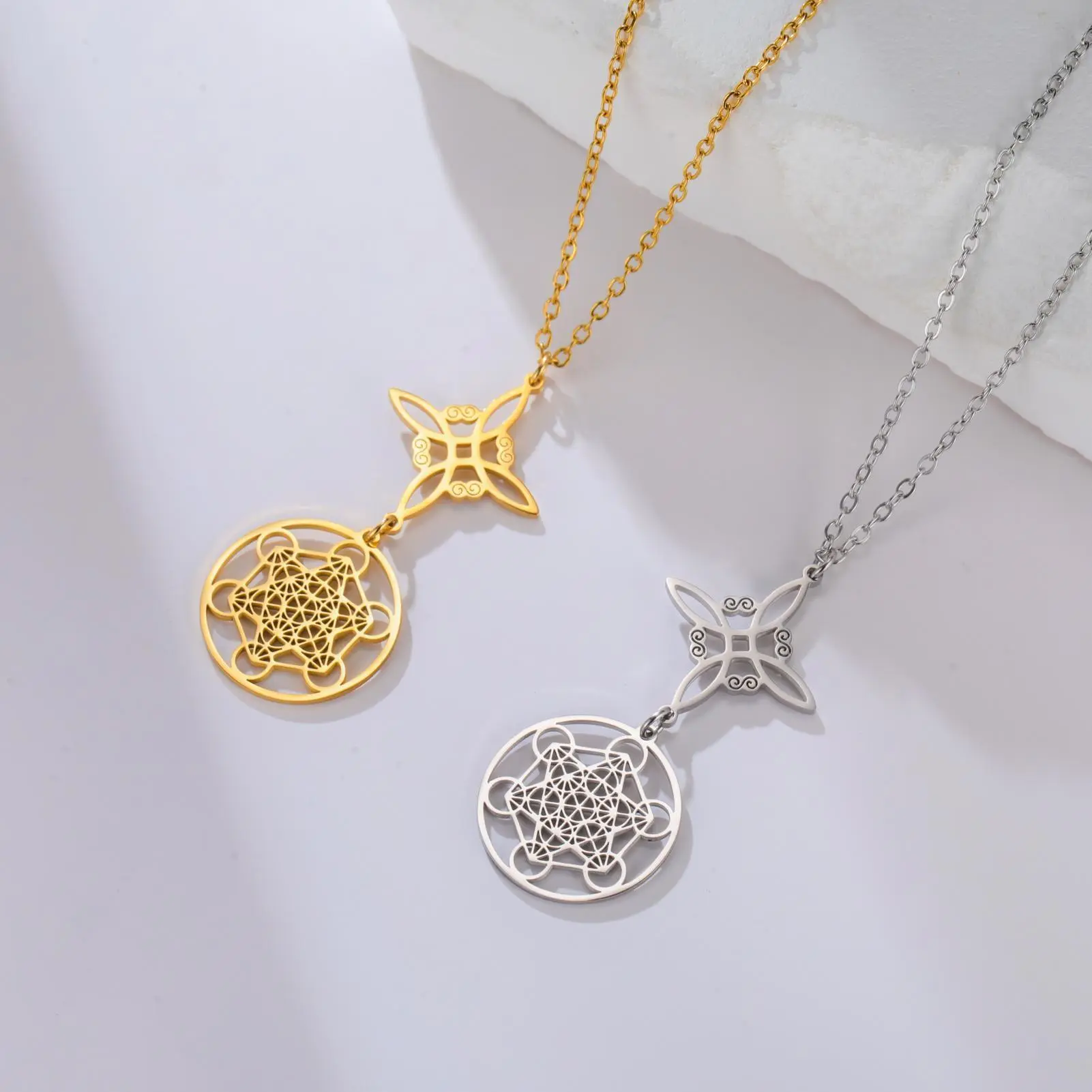 Witch Knot Metatron Cube Necklace for Women, Stainless Steel Pendant, Witchcraft Aesthetic Amulet Jewelry for Daily Wear