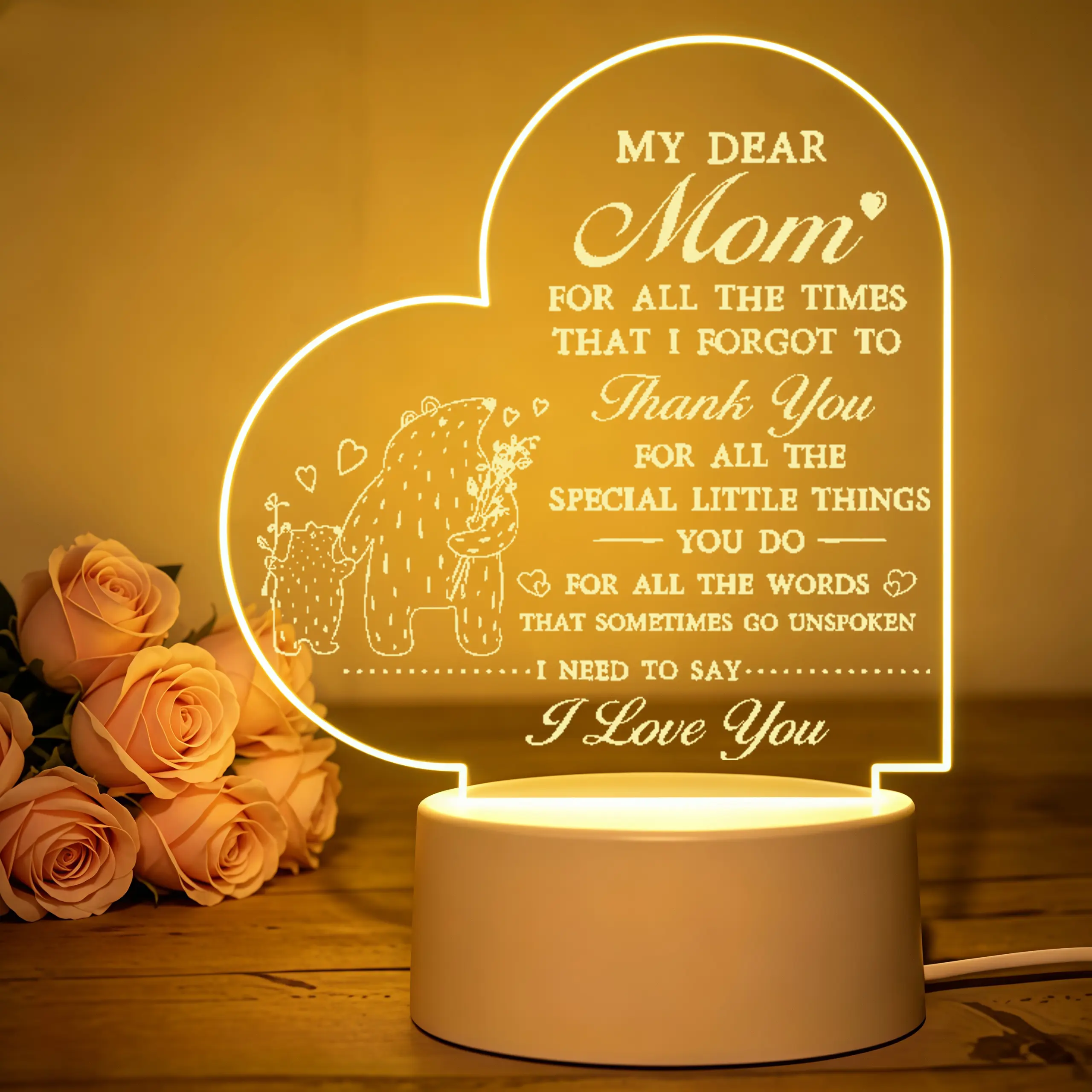 Gifts for Mom, Mothers Day Gift for Women, My Dear Mom Thank You Gifts from Daughter Son, 2D Engraved Acrylic LED Night Light for Mum Birthday Christmas Thanksgiving Present (Heart Bear Pattern)