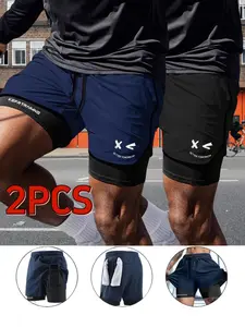 2-Pack Summer Print Running Shorts for Men, Quick-Dry Breathable Inner Lining, Anti-See-Through Sports Pants, Fitness Training Marathon
