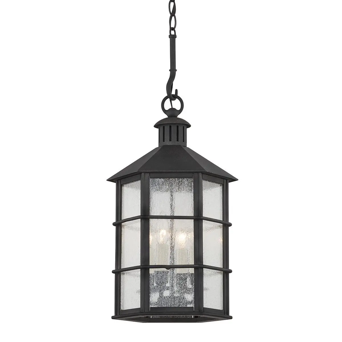 Lake County Outdoor Hanging Light - Modern Nautical Fixture with Matte Black Frame and Seeded Glass