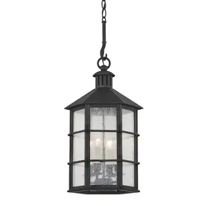 Lake County Outdoor Hanging Light - Modern Nautical Fixture with Matte Black Frame and Seeded Glass