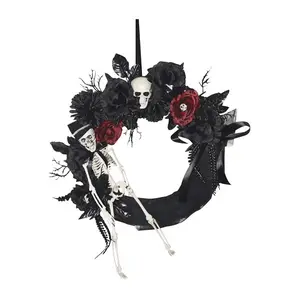 18" Black Wreath with Skeleton and Flowers
