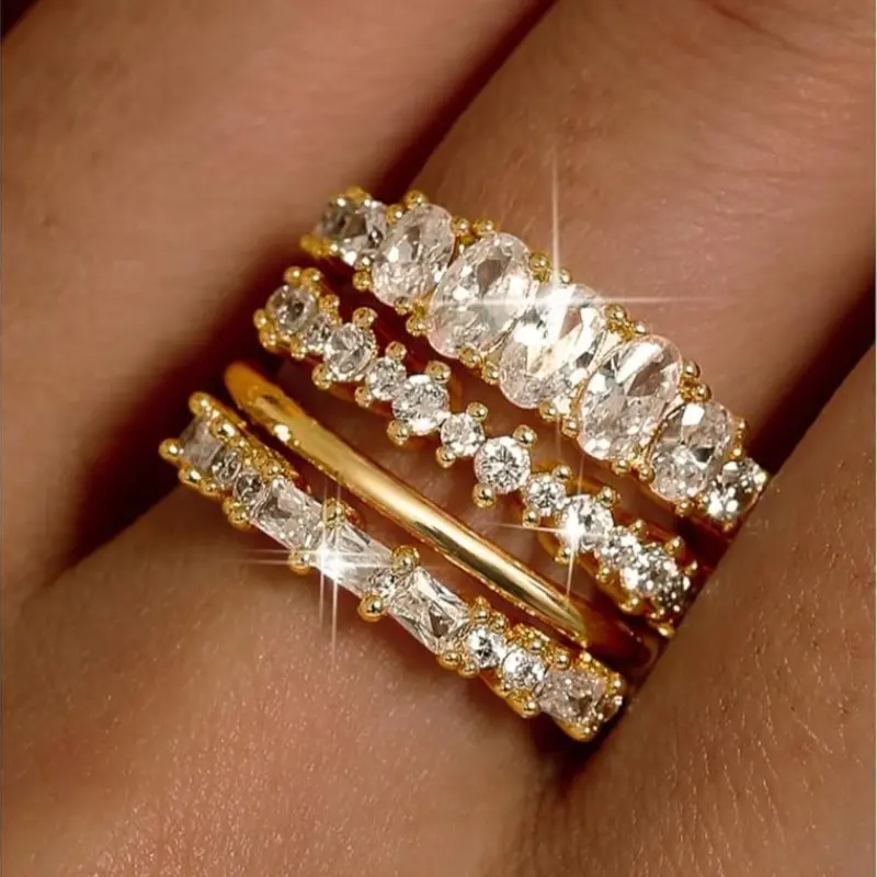 14K Gold Plated Stackable Ring Set for Women, 4 Count Dainty Cubic Zirconia Bands, Non-Tarnish Minimalist Wedding & Promise Rings, Size 5-10, Gold Rings, Non Tarnish Jewelry
