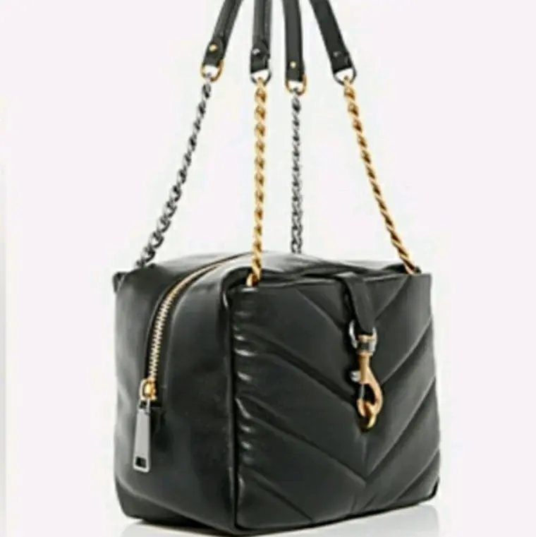 REBECCA MINKOFF Leather Edie Maxi Quilted Top Zip Bag Black Two Toned Handbag