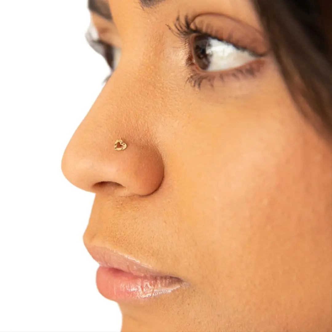14K Solid Gold Diamond Cut Heart Nose Stud | 22G Tiny Bone Stud | Dainty Everyday Piercing Jewelry