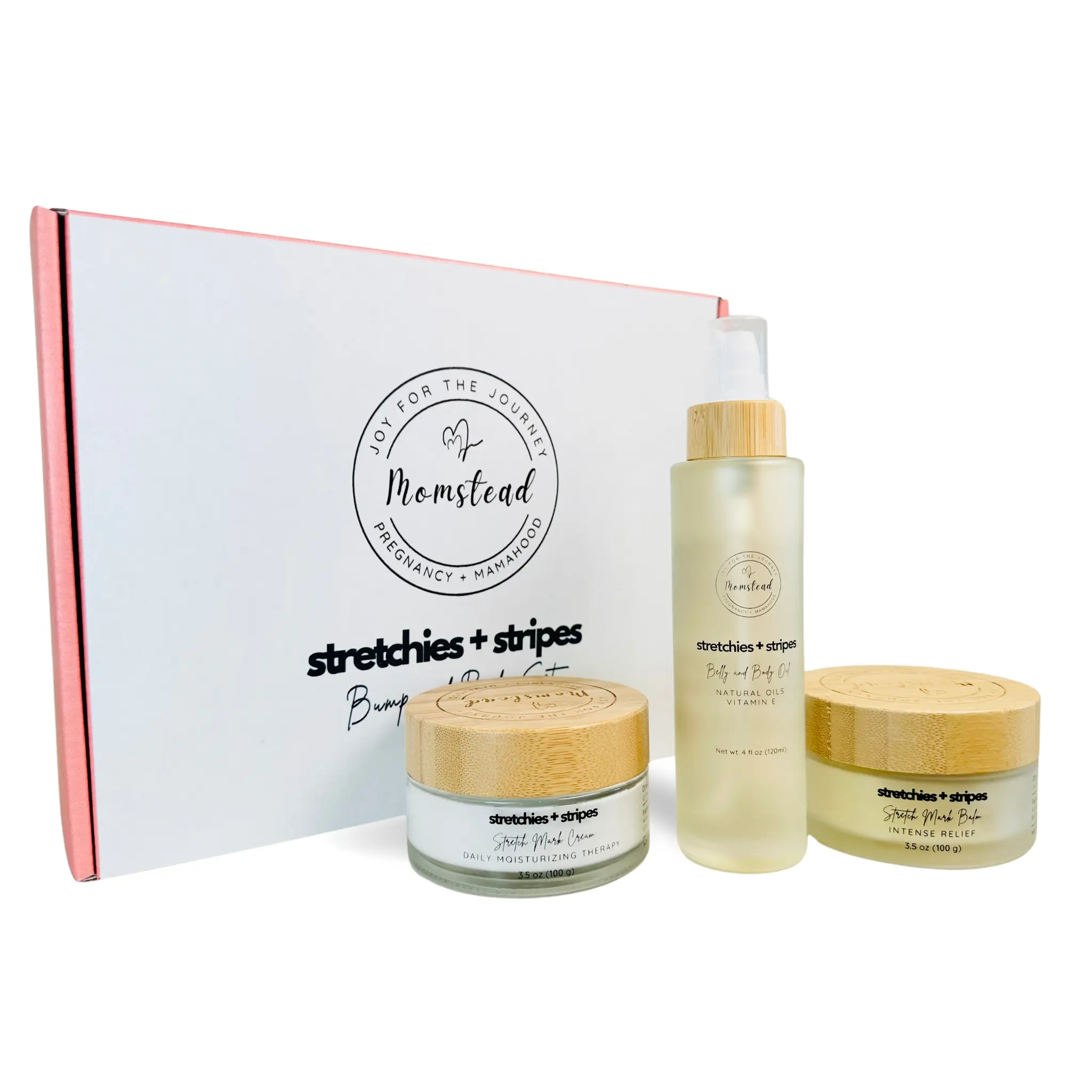 Momstead Stretchies+Stripes Deluxe Bump and Body Set with Stretch Mark Cream, Stretch Mark Balm, Belly and Body Oil, Gift for Mom
