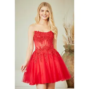 Strapless Lace Appliqué Homecoming Dress Sheer Corset Bodice Short Dress by Amelia Couture 9083S
