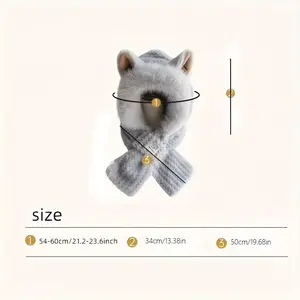 Upgraded Thickened Cute Hooded Scarf Hat Solid Color Winter Plush Neck Warmer with Cartoon Ears for Women Fashion Matching Hat Set