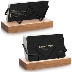 2 Pieces Wood Business Card Holder for Desk Wooden Business Card Display Stand Postcard Holder for Office Home Desktop (Light Wood Color, Black)